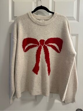 a new day Cream Crewneck Sweater with Red Bow